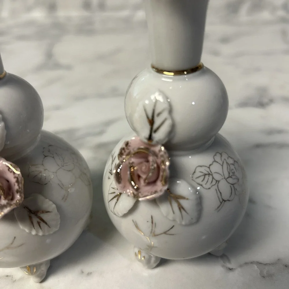 Floral Rose Victorian Bud Vase Old World Footed set of 2 Vintage Shabby Chic